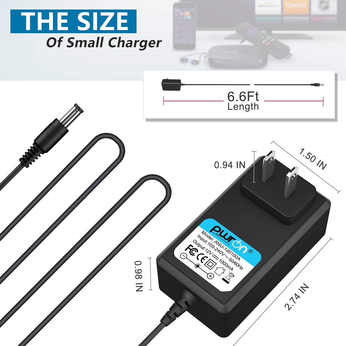 Pwron 6.6Ft Ac Dc Adapter Compatible With For Roku Ultra,Premiere,Premiere Plus, Ultra 4K Hdr Streaming Media Player Stb Roku 4640 Pa 1120 42Ru 3.0 Power Supply Cord